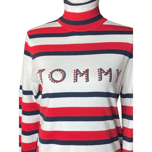 Tommy Hilfiger Iconic White Striped Patriotic Classic Turtleneck Sweater Wms Sz - Picture 2 of 6